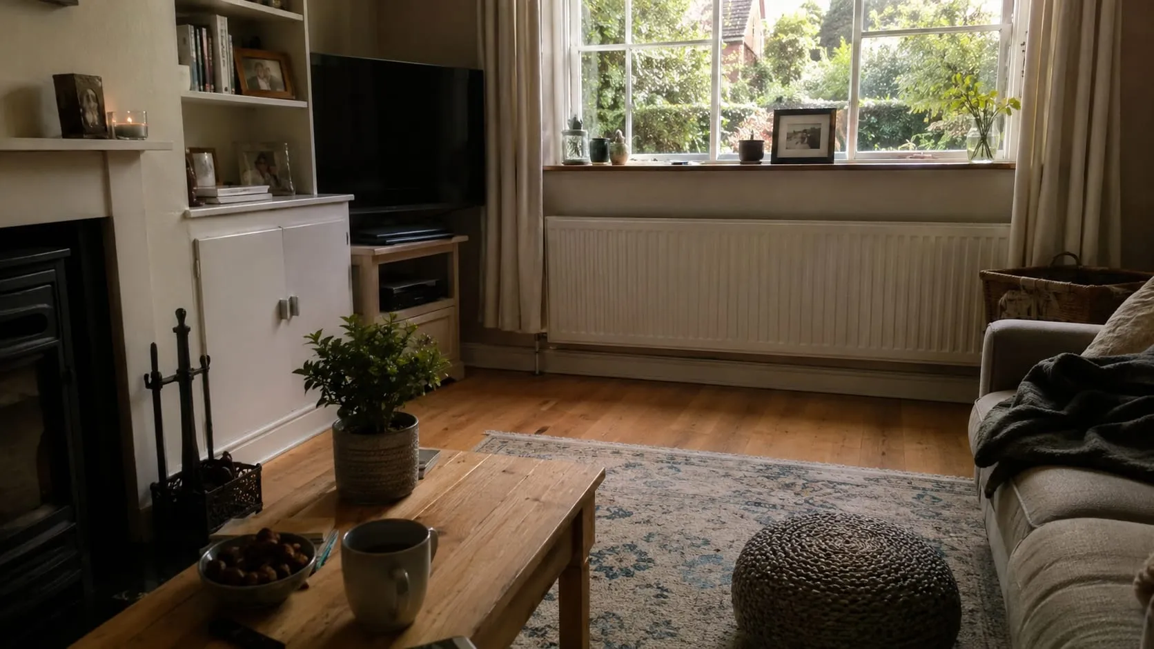 A warm, lived-in Leeds living room at dusk, a column radiator glowing under the window.