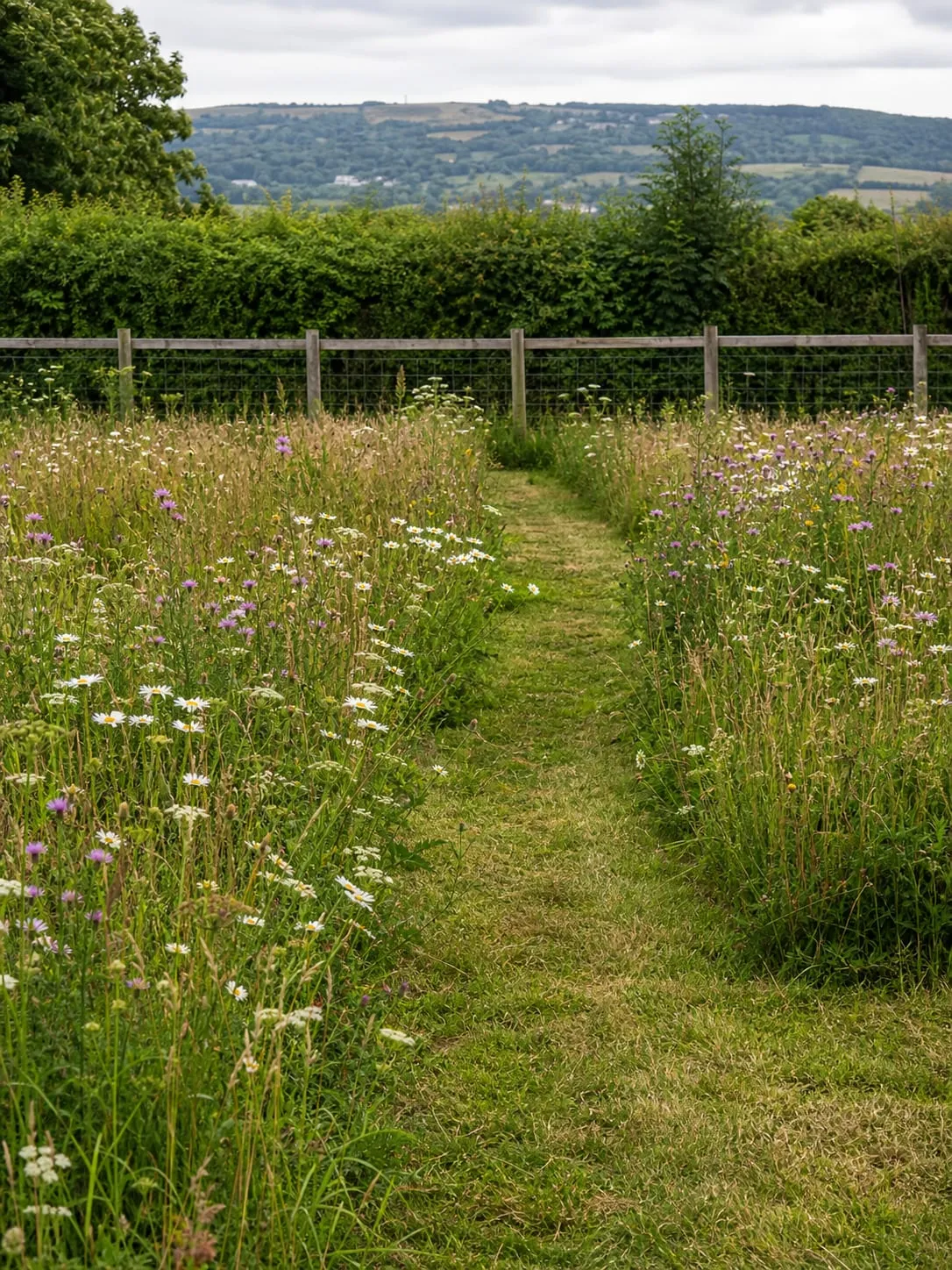 A domestic wildflower meadow of ox-eye daisies, knapweed and fine grasses with a mown path cut through the middle.
